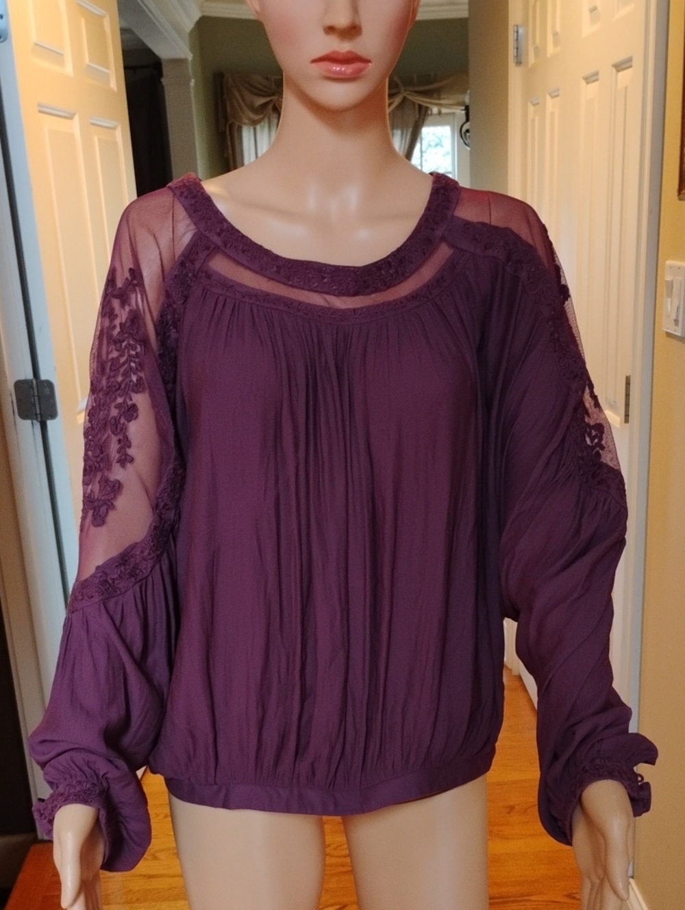 Free People Boho Lace Yoke Peasant Top